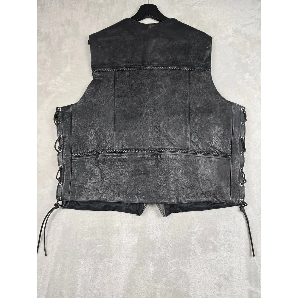 Pro-Rider Premium Leather Biker Vest Mens 50 Black Buffalo Buttons Side Lace Up